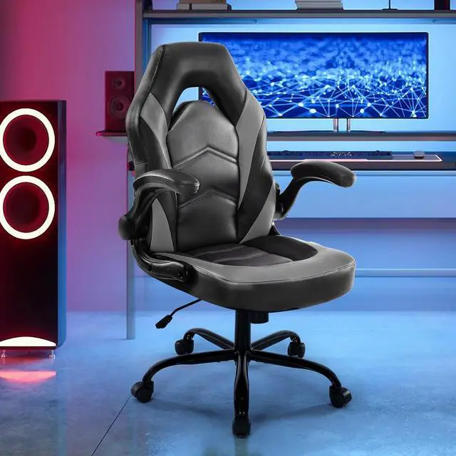 Alt view image 2 of 7 - DUMOS Gaming Ergonomic Office Chair for Adults, Height Adjustable Computer Desk Chair with Flip-up Armrests, PU Leather Swivel Video Game Chair with 360° Rolling Wheels, Grey