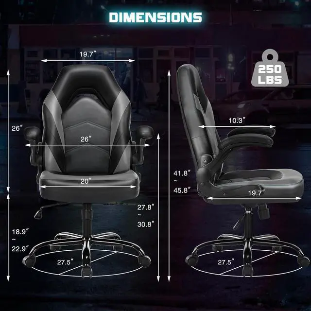 Alt view image 3 of 7 - DUMOS Gaming Ergonomic Office Chair for Adults, Height Adjustable Computer Desk Chair with Flip-up Armrests, PU Leather Swivel Video Game Chair with 360° Rolling Wheels, Grey