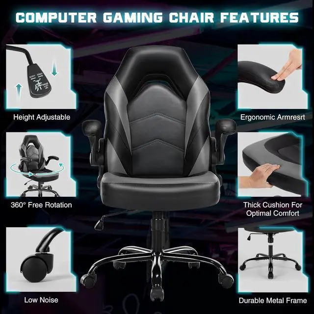 Alt view image 5 of 7 - DUMOS Gaming Ergonomic Office Chair for Adults, Height Adjustable Computer Desk Chair with Flip-up Armrests, PU Leather Swivel Video Game Chair with 360° Rolling Wheels, Grey
