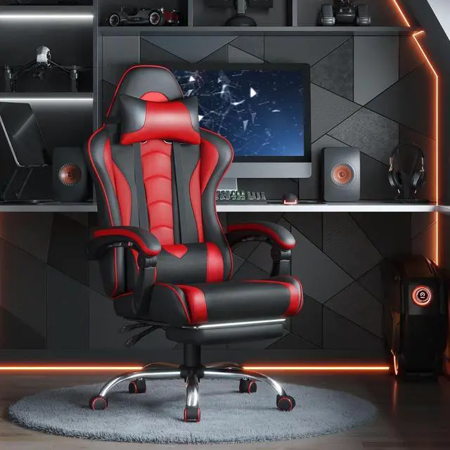 Alt view image 2 of 7 - Yaheetech Gaming Chair, Video Game Chair with Massage Lumbar Support and Footrest Height Adjustable Ergonomic Computer Chair with Swivel Seat and Headrest, Black/Red