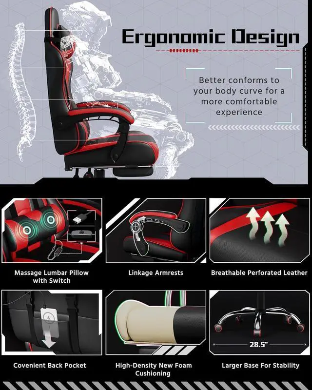 Alt view image 3 of 7 - Yaheetech Gaming Chair, Video Game Chair with Massage Lumbar Support and Footrest Height Adjustable Ergonomic Computer Chair with Swivel Seat and Headrest, Black/Red
