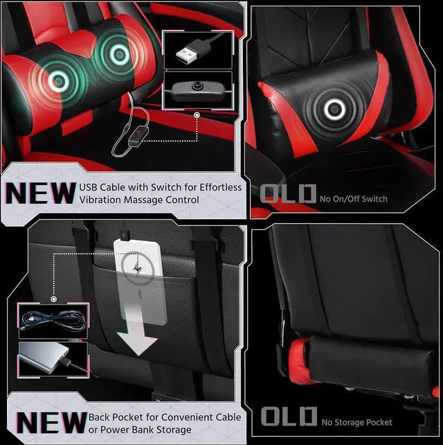 Alt view image 4 of 7 - Yaheetech Gaming Chair, Video Game Chair with Massage Lumbar Support and Footrest Height Adjustable Ergonomic Computer Chair with Swivel Seat and Headrest, Black/Red
