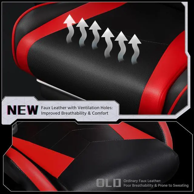 Alt view image 5 of 7 - Yaheetech Gaming Chair, Video Game Chair with Massage Lumbar Support and Footrest Height Adjustable Ergonomic Computer Chair with Swivel Seat and Headrest, Black/Red