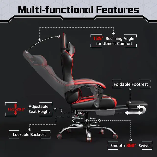 Alt view image 6 of 7 - Yaheetech Gaming Chair, Video Game Chair with Massage Lumbar Support and Footrest Height Adjustable Ergonomic Computer Chair with Swivel Seat and Headrest, Black/Red