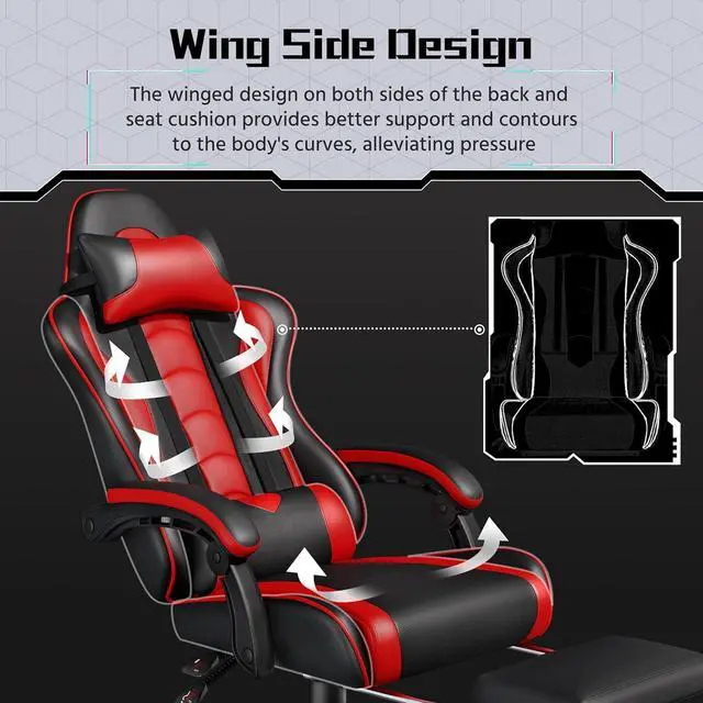 Alt view image 7 of 7 - Yaheetech Gaming Chair, Video Game Chair with Massage Lumbar Support and Footrest Height Adjustable Ergonomic Computer Chair with Swivel Seat and Headrest, Black/Red