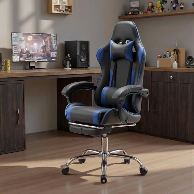Alt view image 2 of 7 - DUMOS Ergonomic Gaming Office Desk Chair with Linkage Armrests for Adults, Height Adjustable Computer Chair with Footrest and Headrest, PU Leather 360° Swivel Recliner with Lumbar Support, Deep Blue