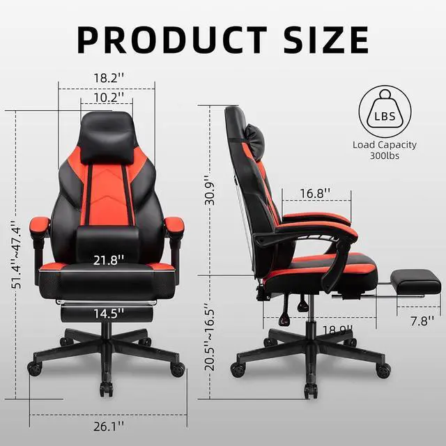 Alt view image 2 of 7 - Shintenchi Gaming Chair,Video Game Chair with footrest and Massage Lumbar Support,Height Adjustable Game Chair with 360°Swivel Seat Ergonomic Computer Chair with Headrest for Office or Gaming(Red)