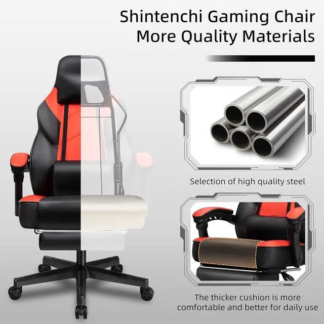 Alt view image 4 of 7 - Shintenchi Gaming Chair,Video Game Chair with footrest and Massage Lumbar Support,Height Adjustable Game Chair with 360°Swivel Seat Ergonomic Computer Chair with Headrest for Office or Gaming(Red)