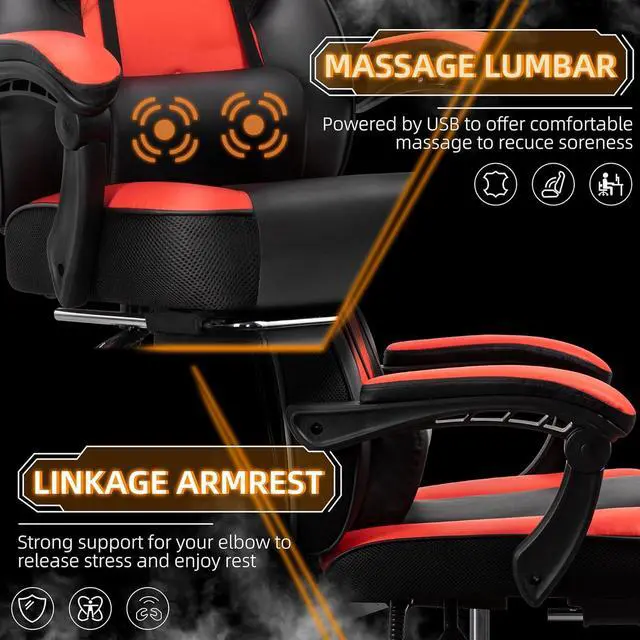 Alt view image 5 of 7 - Shintenchi Gaming Chair,Video Game Chair with footrest and Massage Lumbar Support,Height Adjustable Game Chair with 360°Swivel Seat Ergonomic Computer Chair with Headrest for Office or Gaming(Red)