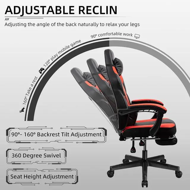 Alt view image 7 of 7 - Shintenchi Gaming Chair,Video Game Chair with footrest and Massage Lumbar Support,Height Adjustable Game Chair with 360°Swivel Seat Ergonomic Computer Chair with Headrest for Office or Gaming(Red)