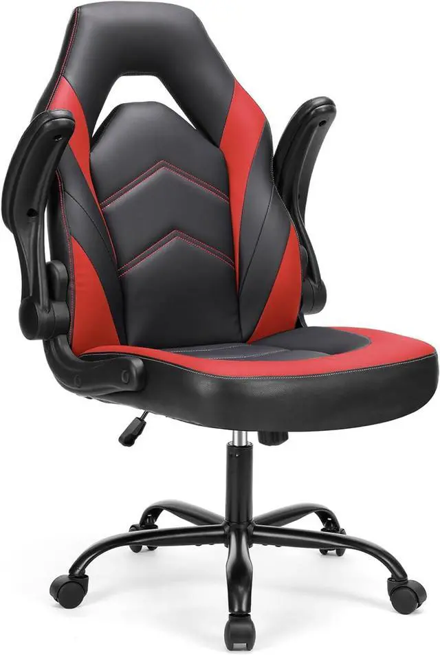 Main image of Sweetcrispy Computer Gaming Desk Chair - Ergonomic Office Executive Adjustable Swivel Task PU Leather Racing Chair with Flip-up Armrest for Adults, Kids, Men, Girls, Gamer, Black Red