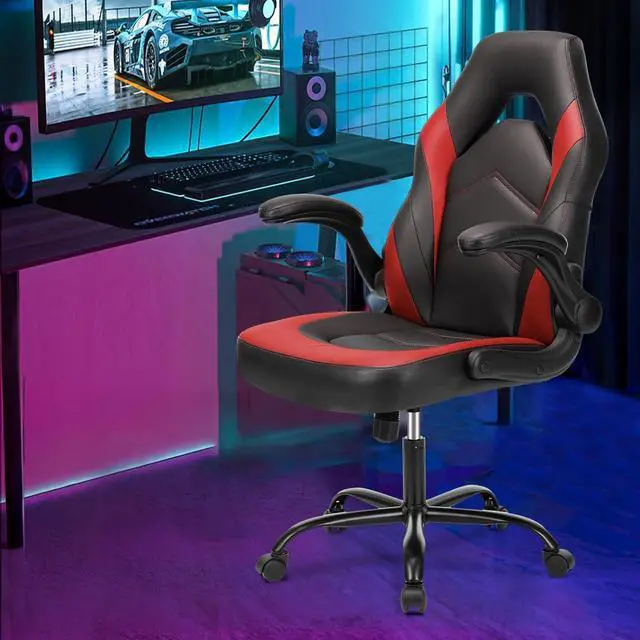 Alt view image 2 of 7 - Sweetcrispy Computer Gaming Desk Chair - Ergonomic Office Executive Adjustable Swivel Task PU Leather Racing Chair with Flip-up Armrest for Adults, Kids, Men, Girls, Gamer, Black Red