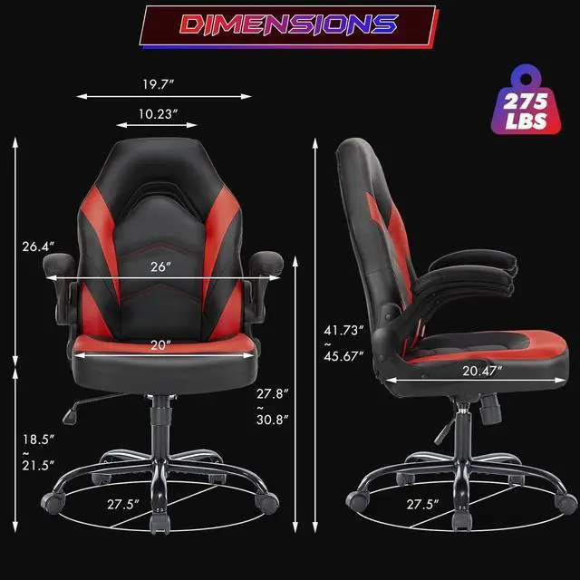 Alt view image 3 of 7 - Sweetcrispy Computer Gaming Desk Chair - Ergonomic Office Executive Adjustable Swivel Task PU Leather Racing Chair with Flip-up Armrest for Adults, Kids, Men, Girls, Gamer, Black Red