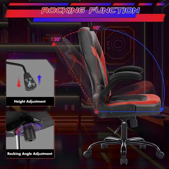 Alt view image 4 of 7 - Sweetcrispy Computer Gaming Desk Chair - Ergonomic Office Executive Adjustable Swivel Task PU Leather Racing Chair with Flip-up Armrest for Adults, Kids, Men, Girls, Gamer, Black Red