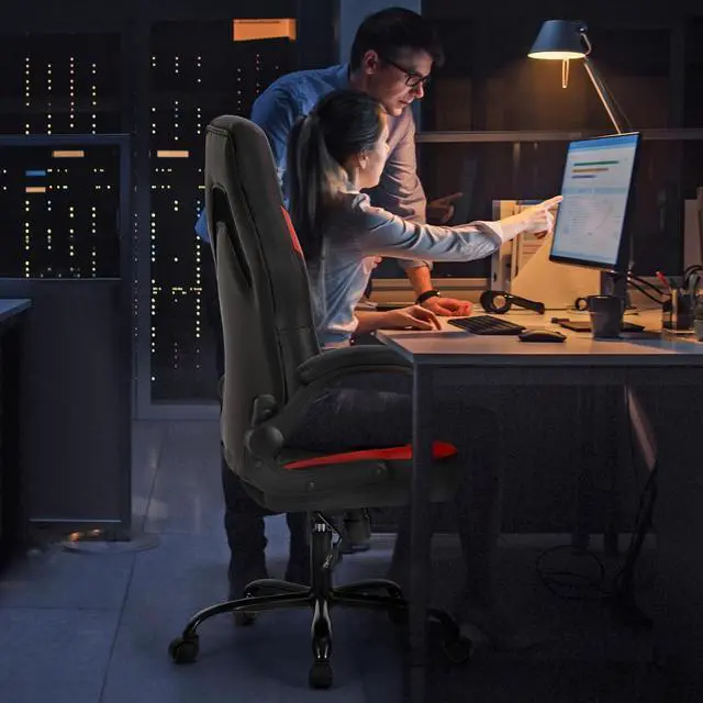 Alt view image 5 of 7 - Sweetcrispy Computer Gaming Desk Chair - Ergonomic Office Executive Adjustable Swivel Task PU Leather Racing Chair with Flip-up Armrest for Adults, Kids, Men, Girls, Gamer, Black Red