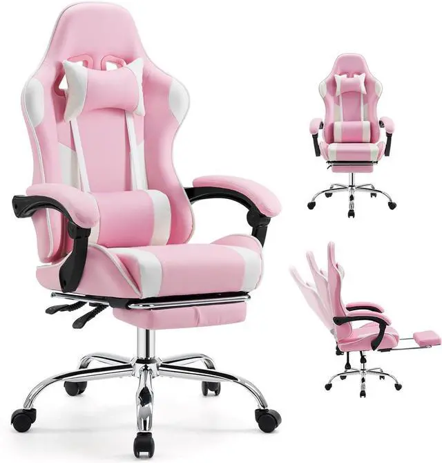 Main image of DUMOS Ergonomic Gaming Office Desk Chair with Footrest and Headrest for Adults, PU Leather Video Computer Chair with Linkage Armrests, Height Adjustable 360° Swivel Recling Chair, White Pink