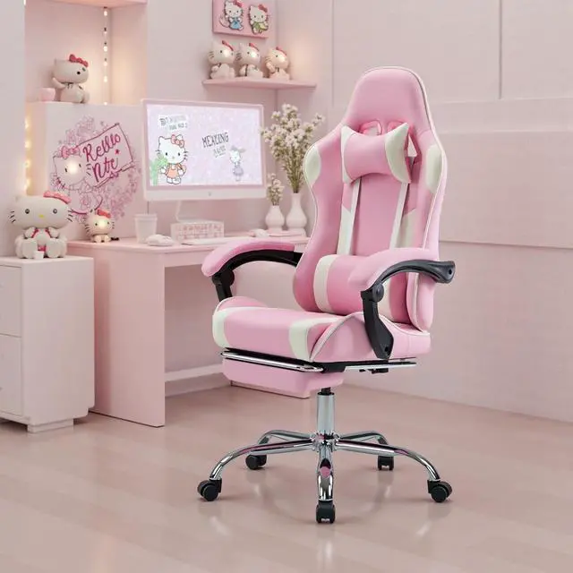 Alt view image 2 of 7 - DUMOS Ergonomic Gaming Office Desk Chair with Footrest and Headrest for Adults, PU Leather Video Computer Chair with Linkage Armrests, Height Adjustable 360° Swivel Recling Chair, White Pink