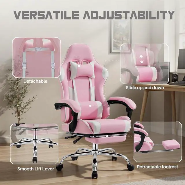 Alt view image 5 of 7 - DUMOS Ergonomic Gaming Office Desk Chair with Footrest and Headrest for Adults, PU Leather Video Computer Chair with Linkage Armrests, Height Adjustable 360° Swivel Recling Chair, White Pink