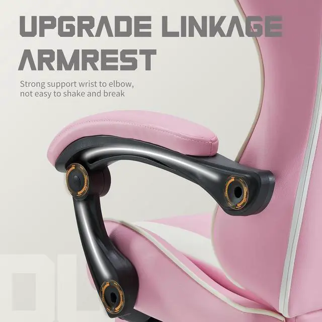 Alt view image 6 of 7 - DUMOS Ergonomic Gaming Office Desk Chair with Footrest and Headrest for Adults, PU Leather Video Computer Chair with Linkage Armrests, Height Adjustable 360° Swivel Recling Chair, White Pink