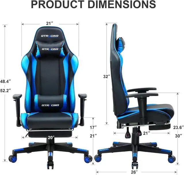 Alt view image 2 of 6 - GTRACING Gaming Chair with Footrest, Ergonomic Computer Game Desk Chair, Reclining Game Chair Seat Height Adjustment, Swivel Rocker with Headrest and Lumbar (Blue)