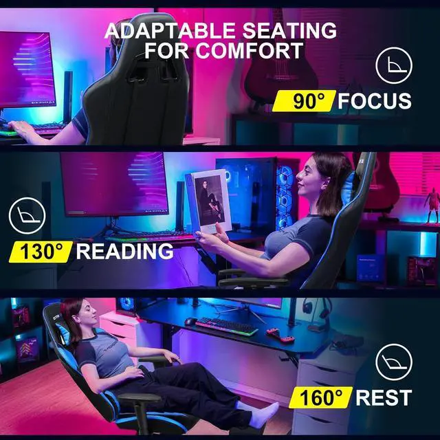 Alt view image 4 of 6 - GTRACING Gaming Chair with Footrest, Ergonomic Computer Game Desk Chair, Reclining Game Chair Seat Height Adjustment, Swivel Rocker with Headrest and Lumbar (Blue)