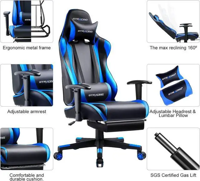 Alt view image 6 of 6 - GTRACING Gaming Chair with Footrest, Ergonomic Computer Game Desk Chair, Reclining Game Chair Seat Height Adjustment, Swivel Rocker with Headrest and Lumbar (Blue)