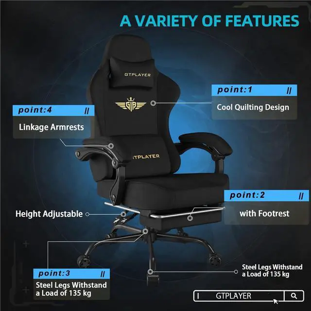 Alt view image 5 of 7 - GTPLAYER Gaming Chair Fabric with Pocket Spring Cushion, Big and Tall Gamings Chairs 350LBS High Back Computer Chair with Footrest for Adults Lumbar Support Swivel Game Chair for Office Light Black
