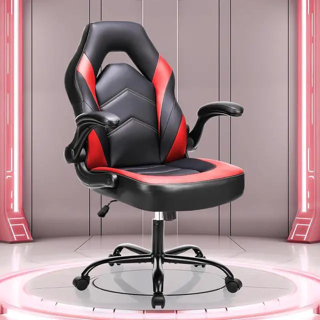 Main image of OLIXIS Computer Gaming Desk Chair - Big and Tall Ergonomic Comfy Lumbar Support with Flip-up Armrest and 360° Swivel Wheels, PU Leather Height Adjustable, for Home and Office, Red
