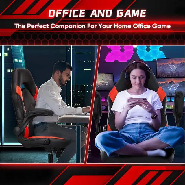 Alt view image 2 of 7 - OLIXIS Computer Gaming Desk Chair - Big and Tall Ergonomic Comfy Lumbar Support with Flip-up Armrest and 360° Swivel Wheels, PU Leather Height Adjustable, for Home and Office, Red