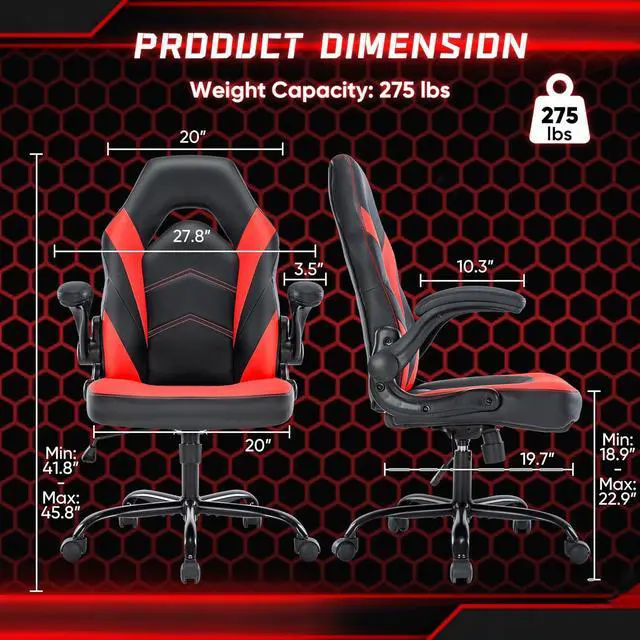 Alt view image 3 of 7 - OLIXIS Computer Gaming Desk Chair - Big and Tall Ergonomic Comfy Lumbar Support with Flip-up Armrest and 360° Swivel Wheels, PU Leather Height Adjustable, for Home and Office, Red