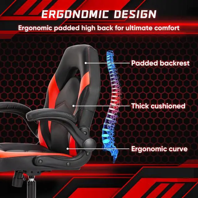 Alt view image 4 of 7 - OLIXIS Computer Gaming Desk Chair - Big and Tall Ergonomic Comfy Lumbar Support with Flip-up Armrest and 360° Swivel Wheels, PU Leather Height Adjustable, for Home and Office, Red