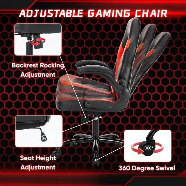 Alt view image 5 of 7 - OLIXIS Computer Gaming Desk Chair - Big and Tall Ergonomic Comfy Lumbar Support with Flip-up Armrest and 360° Swivel Wheels, PU Leather Height Adjustable, for Home and Office, Red