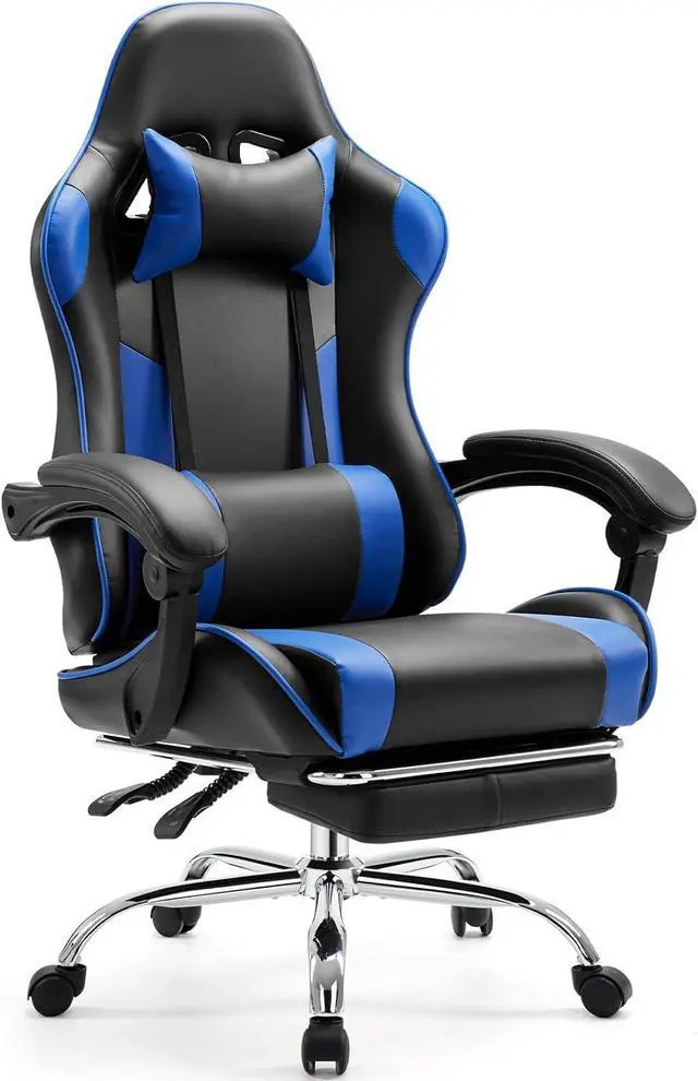 Main image of Sweetcrispy Video Game Desk Chair - Ergonomic Computer with Footrest and Comfy Lumbar Support, PU Leather Recliner with Headrest, Fixed Up Armrest, Height Adjustable with 360° Swivel, for Adults, Blue