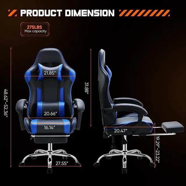 Alt view image 3 of 7 - Sweetcrispy Video Game Desk Chair - Ergonomic Computer with Footrest and Comfy Lumbar Support, PU Leather Recliner with Headrest, Fixed Up Armrest, Height Adjustable with 360° Swivel, for Adults, Blue