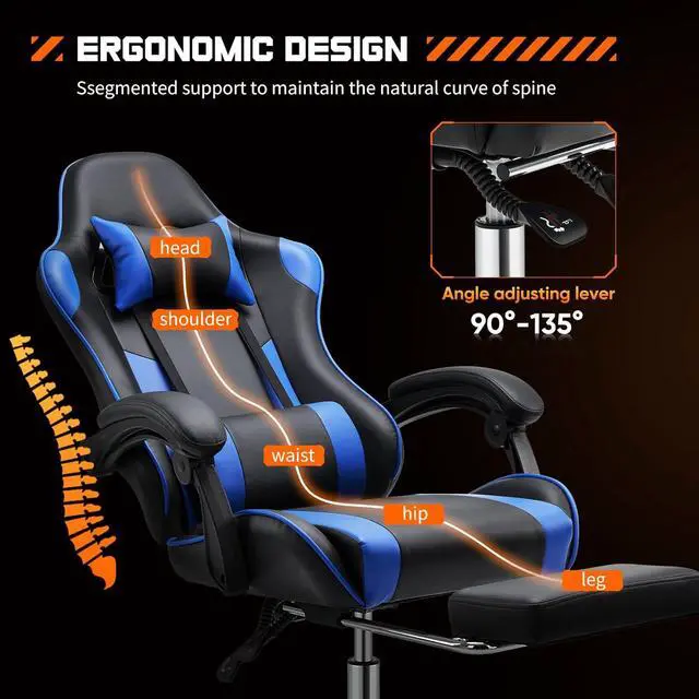 Alt view image 4 of 7 - Sweetcrispy Video Game Desk Chair - Ergonomic Computer with Footrest and Comfy Lumbar Support, PU Leather Recliner with Headrest, Fixed Up Armrest, Height Adjustable with 360° Swivel, for Adults, Blue