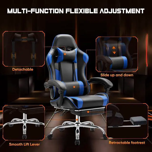 Alt view image 6 of 7 - Sweetcrispy Video Game Desk Chair - Ergonomic Computer with Footrest and Comfy Lumbar Support, PU Leather Recliner with Headrest, Fixed Up Armrest, Height Adjustable with 360° Swivel, for Adults, Blue