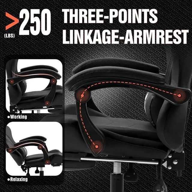 Alt view image 4 of 7 - Gaming Chair with Footrest Ergonomic Computer Chair for Adult, Adjustable Headrest, Lumbar Pillow, Large Size Reclining Gaming Chair Big and Tall with Linkage Armrest for Home, Office, Gaming