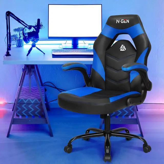 Alt view image 2 of 7 - N-GEN Video Gaming Chair Ergonomic Computer Desk Office Chair with Lumbar Support Adjustable Height Swivel Wheels Flip-Up Arms PU Leather Home and Office (Blue)