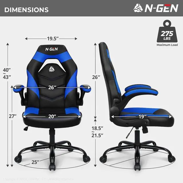 Alt view image 3 of 7 - N-GEN Video Gaming Chair Ergonomic Computer Desk Office Chair with Lumbar Support Adjustable Height Swivel Wheels Flip-Up Arms PU Leather Home and Office (Blue)