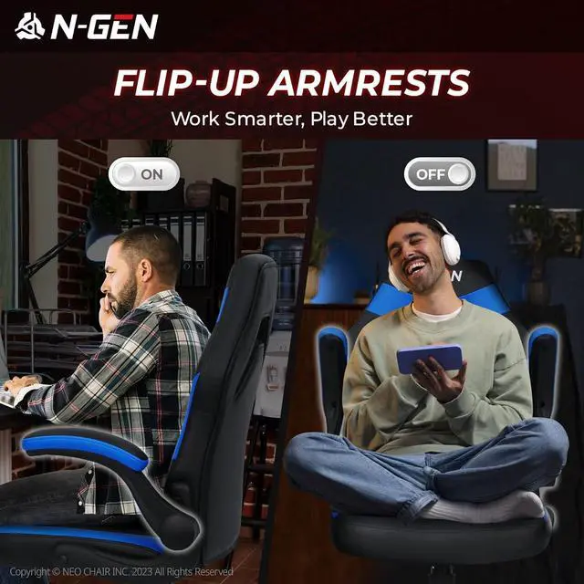 Alt view image 6 of 7 - N-GEN Video Gaming Chair Ergonomic Computer Desk Office Chair with Lumbar Support Adjustable Height Swivel Wheels Flip-Up Arms PU Leather Home and Office (Blue)