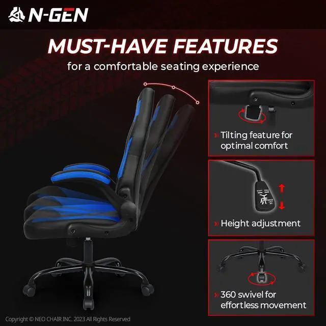 Alt view image 7 of 7 - N-GEN Video Gaming Chair Ergonomic Computer Desk Office Chair with Lumbar Support Adjustable Height Swivel Wheels Flip-Up Arms PU Leather Home and Office (Blue)