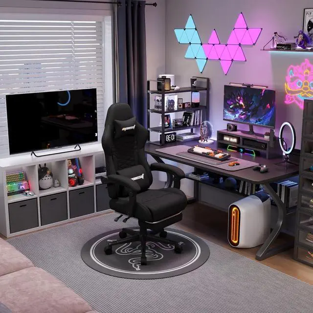 Main image of Gaming Chair, Computer Chairs for Adults with Lumbar Support and Massager, Comfortable Gamer Chair with Footrest & Pocket Spring Cushion, Ergonomic Home Office Chair, Black, Fabric