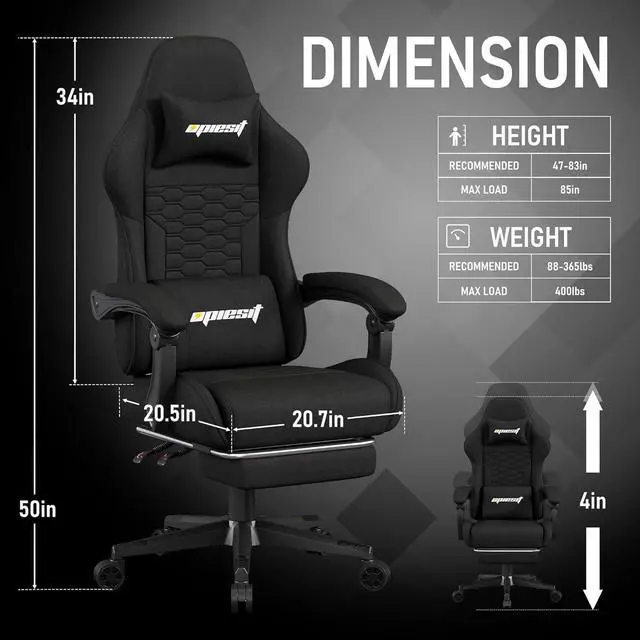 Alt view image 2 of 6 - Gaming Chair, Computer Chairs for Adults with Lumbar Support and Massager, Comfortable Gamer Chair with Footrest & Pocket Spring Cushion, Ergonomic Home Office Chair, Black, Fabric