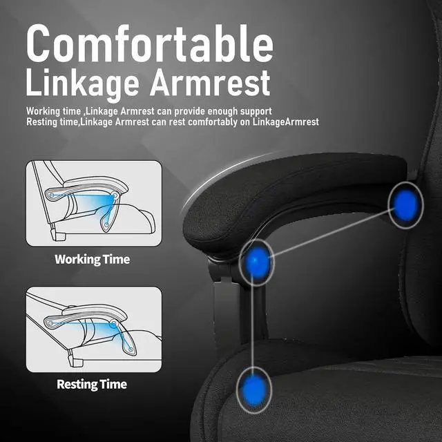 Alt view image 3 of 6 - Gaming Chair, Computer Chairs for Adults with Lumbar Support and Massager, Comfortable Gamer Chair with Footrest & Pocket Spring Cushion, Ergonomic Home Office Chair, Black, Fabric