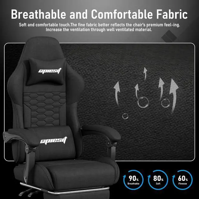 Alt view image 4 of 6 - Gaming Chair, Computer Chairs for Adults with Lumbar Support and Massager, Comfortable Gamer Chair with Footrest & Pocket Spring Cushion, Ergonomic Home Office Chair, Black, Fabric