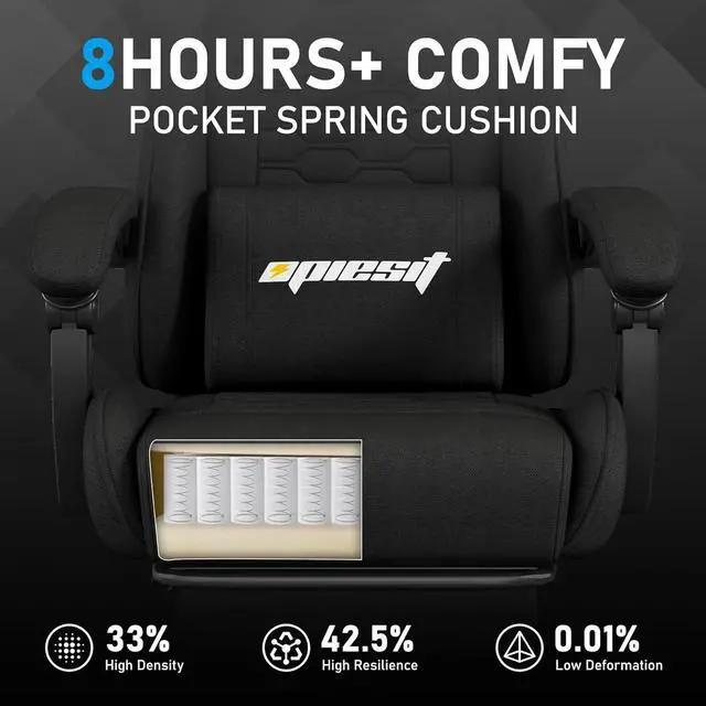 Alt view image 5 of 6 - Gaming Chair, Computer Chairs for Adults with Lumbar Support and Massager, Comfortable Gamer Chair with Footrest & Pocket Spring Cushion, Ergonomic Home Office Chair, Black, Fabric