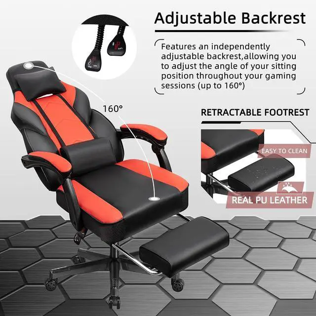 Alt view image 6 of 7 - Shintenchi Gaming Chair,Video Game Chair with footrest and Massage Lumbar Support,Height Adjustable Game Chair with 360°Swivel Seat Ergonomic Computer Chair with Headrest for Office or Gaming(Red)