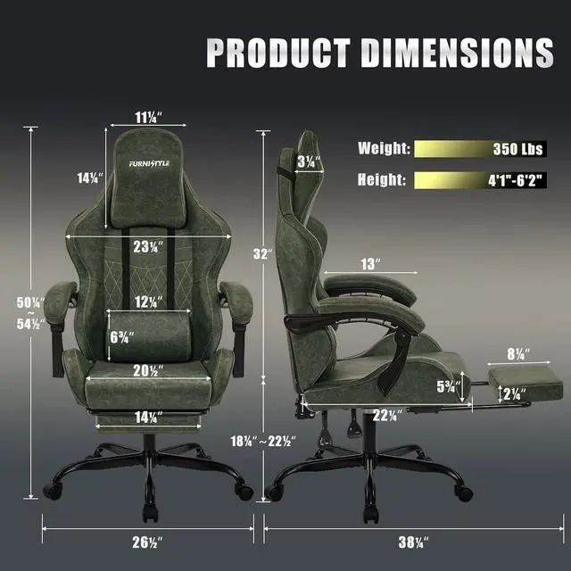 Alt view image 2 of 7 - Gaming Chair Big and Tall, Green Leather Video Game Chairs with Footrest, Padded Linkage Armrests & Large Headrest, Ergonomic Computer Chair 350lbs for Adults Gaming or Office Use