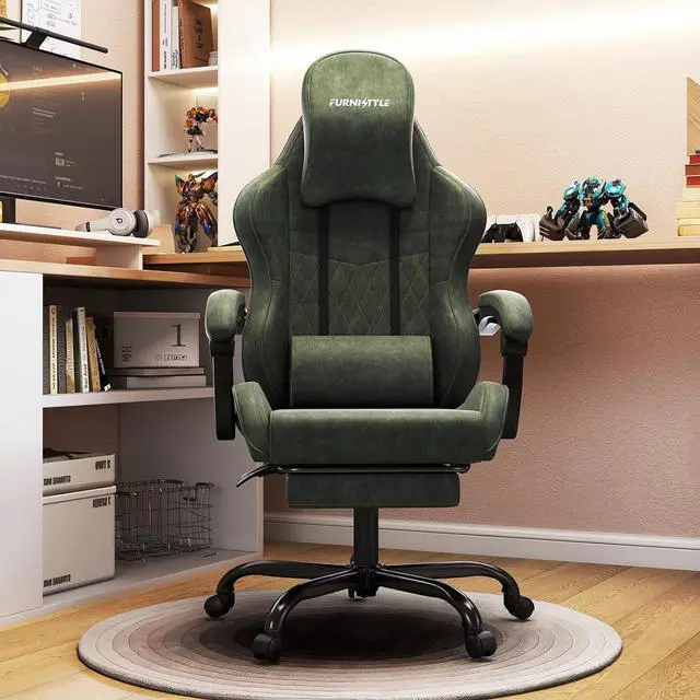 Alt view image 3 of 7 - Gaming Chair Big and Tall, Green Leather Video Game Chairs with Footrest, Padded Linkage Armrests & Large Headrest, Ergonomic Computer Chair 350lbs for Adults Gaming or Office Use