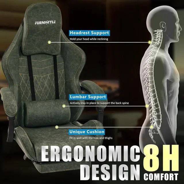 Alt view image 6 of 7 - Gaming Chair Big and Tall, Green Leather Video Game Chairs with Footrest, Padded Linkage Armrests & Large Headrest, Ergonomic Computer Chair 350lbs for Adults Gaming or Office Use